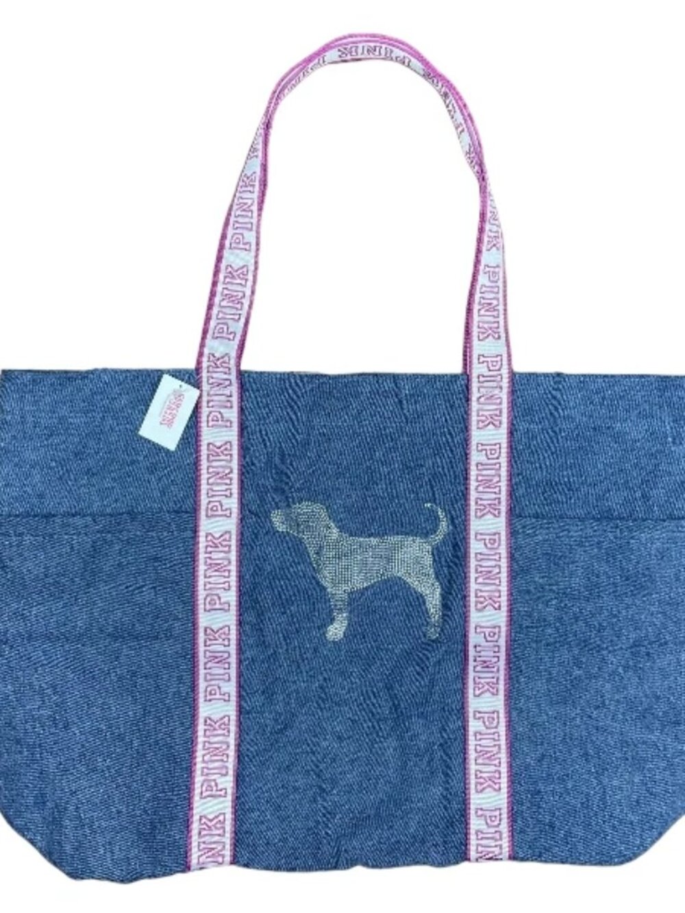 Victoria's Secret PINK Diamanté Denim Large Size Tote Bag Silver Studded Dog NWT